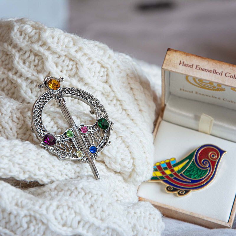 Silver Plated Full Circle Tara Brooch With Coloured Stones